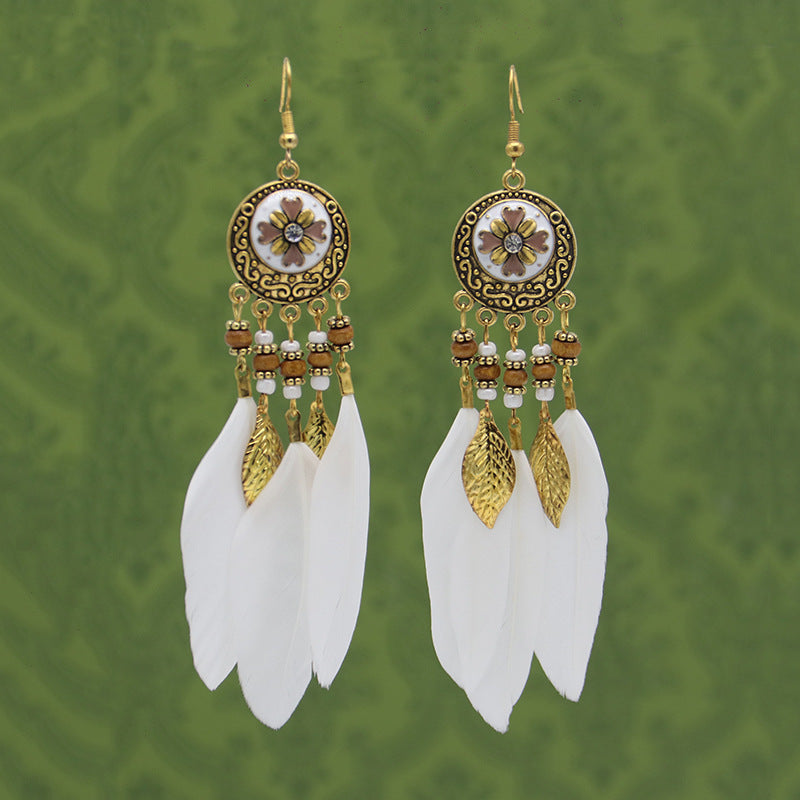 Wholesale White Feather Tassel Long Vintage Earrings